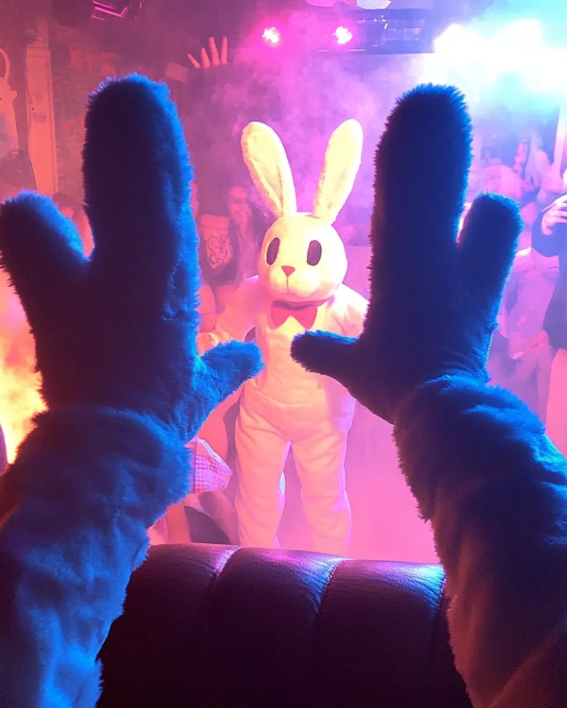A person wearing large blue fuzzy gloves is in the foreground, their view partially obscured by a fluffy white rabbit costume in the middle of a dimly lit, smoky room.  Pink and purple lights illuminate the scene, with other people visible in the background, suggesting a party or event.  The overall atmosphere is playful and slightly surreal.
