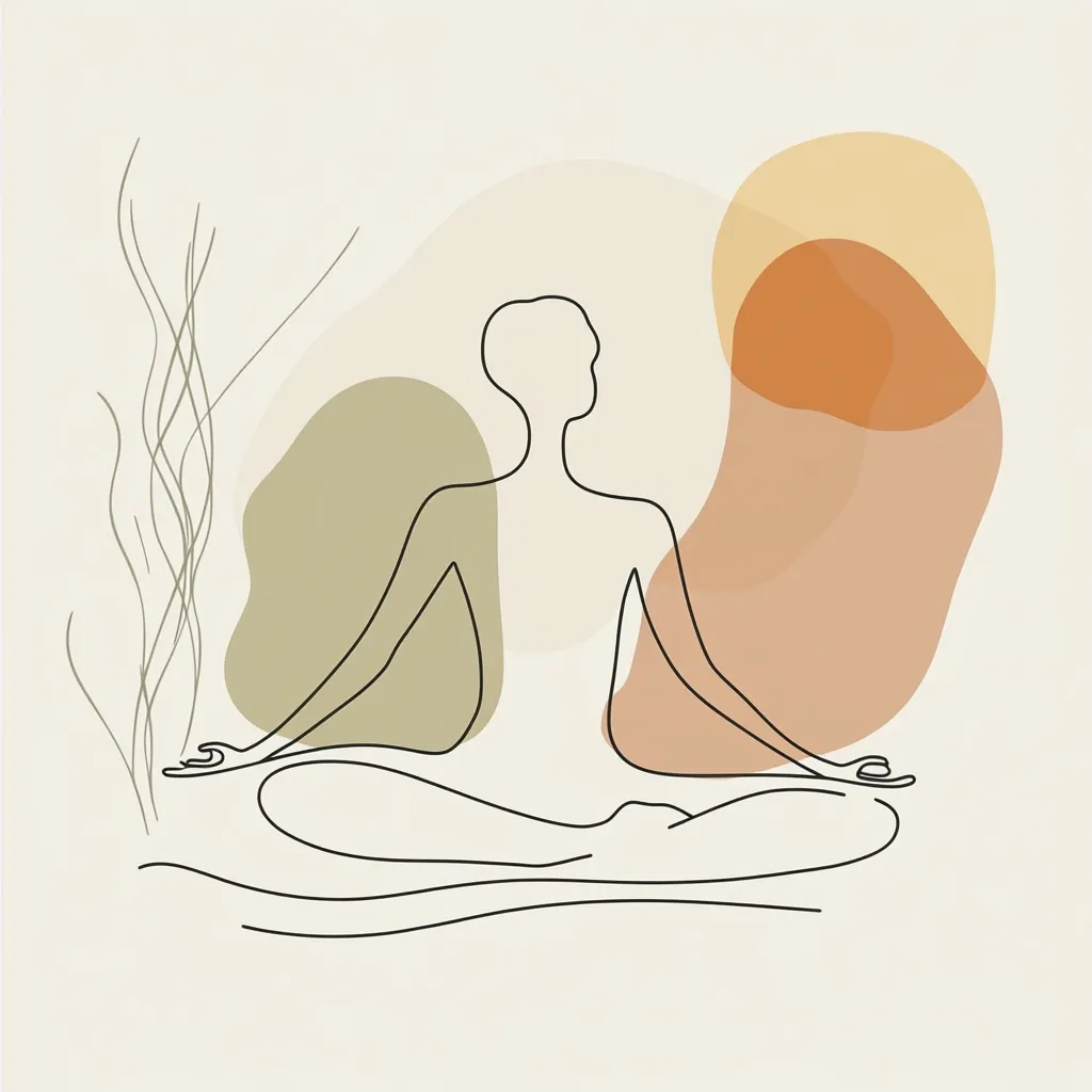 A minimalist line drawing depicts a person in a seated meditation pose.  The figure is outlined simply, against a backdrop of soft, abstract shapes in earthy tones of beige, olive, and terracotta.  A stylized plant element is included to the left, enhancing the serene and peaceful atmosphere of the artwork. The overall style is calm and suggests mindfulness or relaxation.