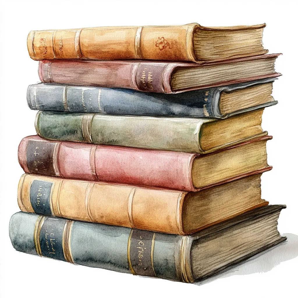 A watercolor painting depicts a stack of eight antique books, each with unique colors and worn edges. The books are arranged neatly, revealing spines adorned with titles and decorative elements.  The colors range from muted yellows and oranges to dusty blues and pinks, creating a vintage aesthetic.  The overall impression is one of age, knowledge, and quiet contemplation.