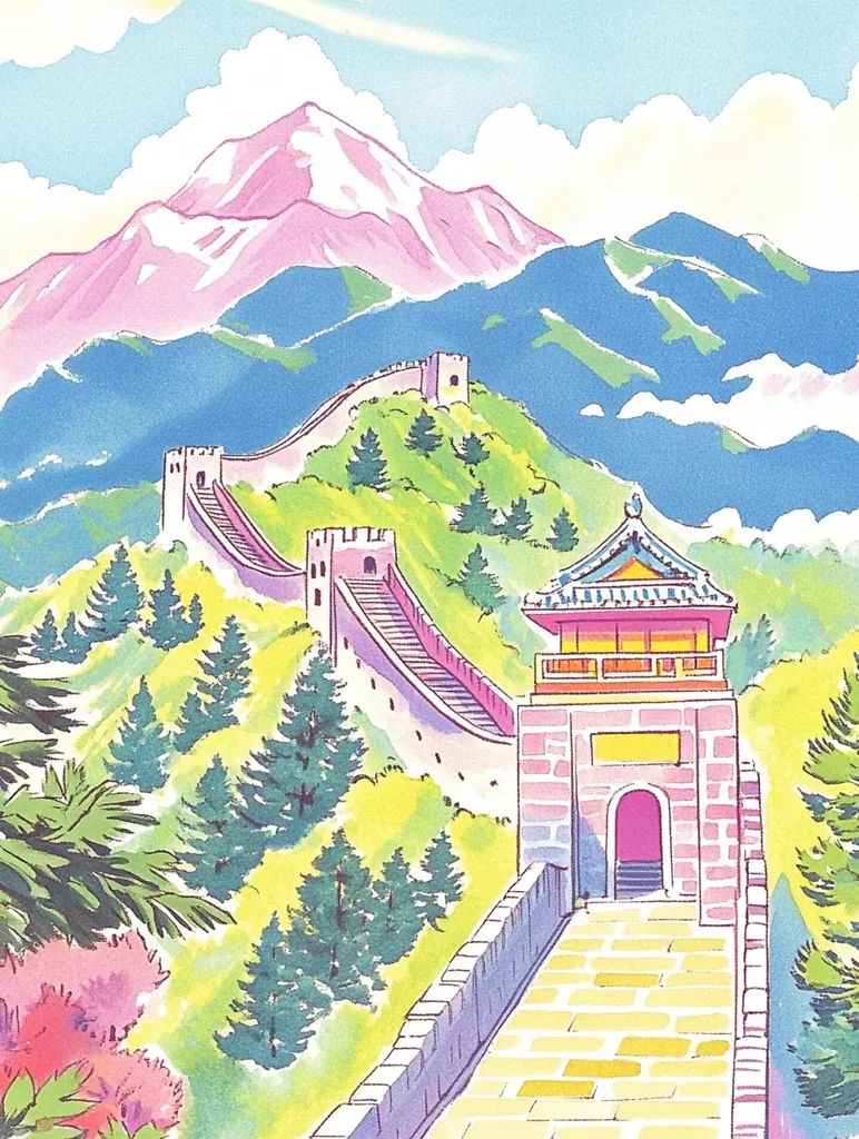 A vibrant illustration depicts a section of the Great Wall of China winding across a hillside, against a backdrop of snow-capped mountains. Lush green pines dot the landscape, and a traditional Chinese watchtower stands prominently, its pink walls and yellow roof contrasting with the pastel hues of the mountains and sky. The scene is idyllic, capturing a blend of natural beauty and historical significance.  The style is reminiscent of children's book illustration.