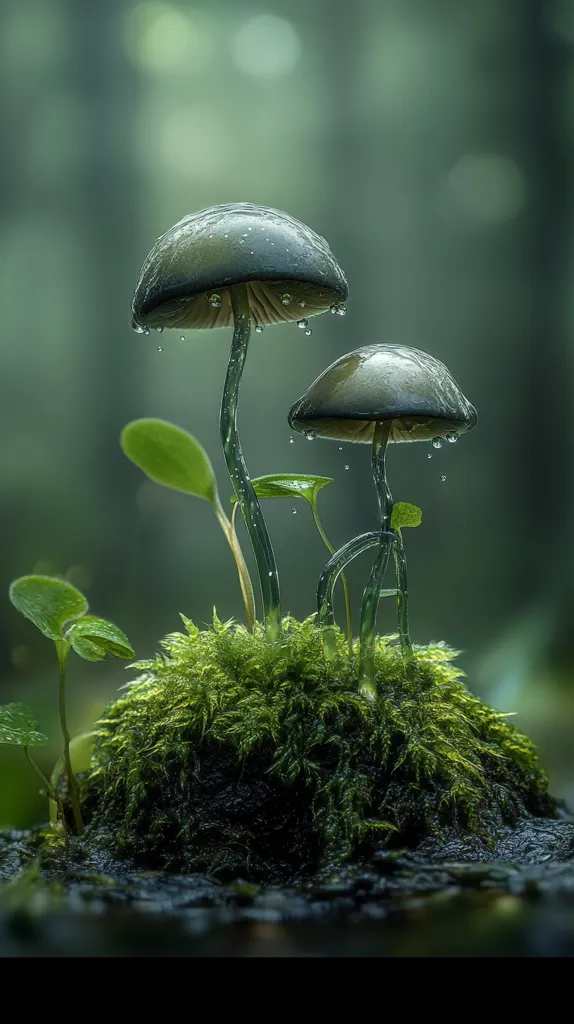 Two delicate mushrooms, glistening with raindrops, sprout from a bed of vibrant green moss.  The scene is set in a dimly lit forest, creating a mystical and serene atmosphere. Water droplets cling to the mushroom caps, enhancing their ethereal beauty. Small, bright green plants surround the base of the fungi, completing the enchanting natural tableau.