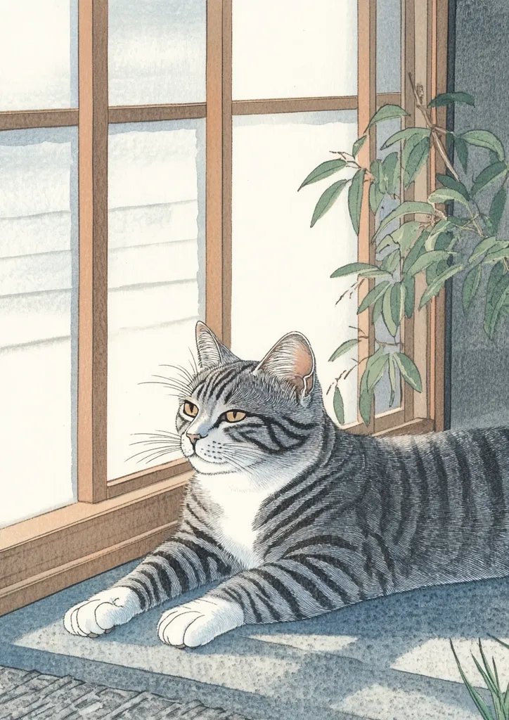 A grey tabby cat rests on a windowsill, gazing out a traditional Japanese-style window. Sunlight illuminates the cat and the window's wooden frame. A small potted plant sits nearby, adding to the serene atmosphere.  The cat's fur is meticulously detailed, showcasing a calm and contemplative mood. The overall style is reminiscent of a woodblock print.