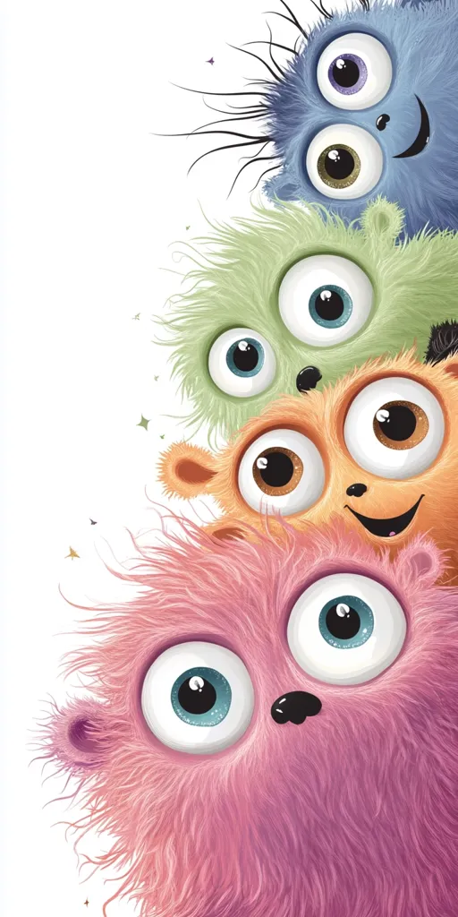 A whimsical illustration showcases four fluffy monsters stacked vertically, their large, expressive eyes dominating their features.  The top monster is blue, followed by light green, orange, and finally a pink monster at the bottom. Each monster has a unique texture and expression, creating a playful and charming image.  The white background emphasizes the vibrant colors of the creatures.