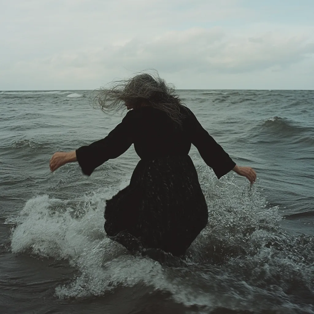 A woman in a black dress, her long grey hair flowing, strides into a grey, choppy sea.  The waves splash around her as she moves purposefully forward, her back to the viewer. The overcast sky mirrors the somber mood of the scene, creating a dramatic and atmospheric image.