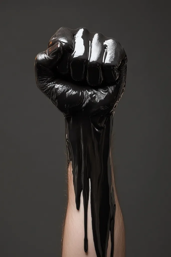 A clenched fist is coated in thick, black, viscous liquid that drips down the arm. The dark liquid contrasts sharply against the pale skin, creating a dramatic visual. The image is set against a muted gray background, drawing focus to the textured hand and the flowing substance. The overall effect is one of power and potentially ominous implication.