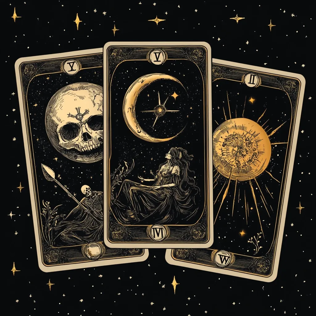 Three tarot cards against a black, starry background.  The first depicts a skull in the moon, a skeletal figure and spear. The second shows a crescent moon, star, and a woman in flowing robes. The third card features a sun with radiating lines.  All are rendered in gold and black, with ornate detailing.  The Roman numerals V, IV, and II are visible on the cards.