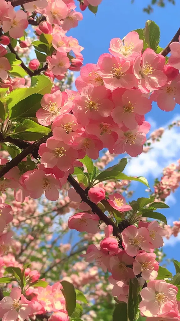 A vibrant close-up captures a blossoming pink crabapple tree against a clear blue sky.  Delicate, light pink flowers cluster densely on branches adorned with fresh green leaves.  The sunlight illuminates the petals, revealing their soft texture and subtle details. The overall scene evokes a feeling of springtime freshness and natural beauty.