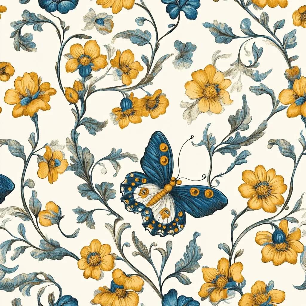 A seamless pattern features a vibrant arrangement of gold and teal flowers and leaves, intricately intertwined.  A large, dark teal butterfly with white and dark blue accents is prominently displayed amidst the floral design, adding a touch of whimsy to the elegant botanical illustration. The background is a soft off-white, allowing the colors of the flowers and butterfly to pop.  The style is reminiscent of vintage botanical prints.