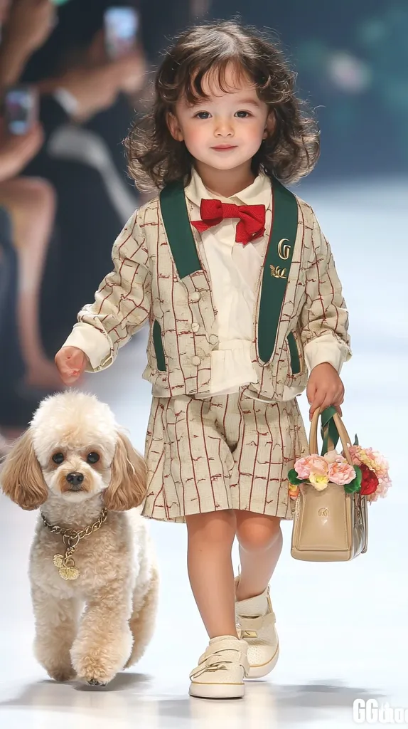 A young girl, elegantly dressed in a beige and red checkered suit with a green collar and red bow tie, confidently walks a runway.  She carries a small handbag adorned with flowers. A fluffy cream-colored poodle walks beside her, adding to the charming scene of a child model's fashion show. The girl's stylish outfit and composed demeanor highlight the event's sophistication.