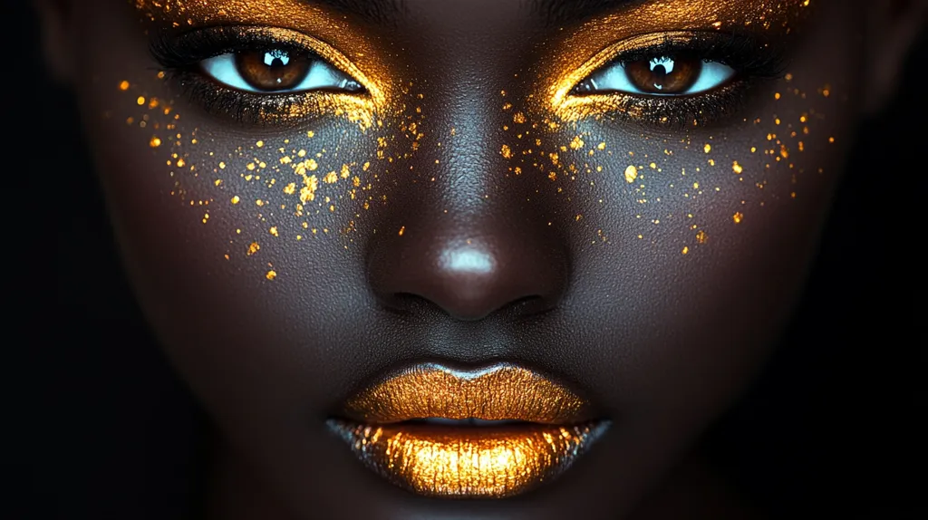 Close-up of a Black woman's face adorned with gold makeup.  Gold eyeshadow accentuates her eyes, while flecks of gold glitter are scattered across her cheeks. Her lips are painted a shimmering gold, completing the opulent, regal look. The dark background contrasts sharply with the bright gold accents, creating a striking image.