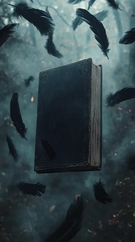A dark, antique book floats in a misty forest, surrounded by falling black feathers.  The scene is moody and mysterious, suggesting magic or the occult.  The book's aged cover and the swirling feathers create a sense of intrigue and forgotten lore. The overall atmosphere is dark, ethereal, and slightly unsettling.