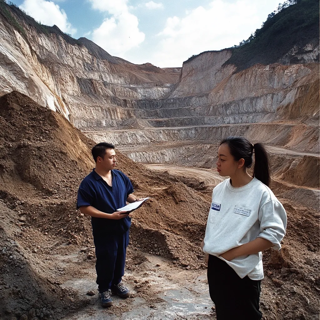 A man and a woman stand in a large quarry, the woman with her hands in her pockets.  The man holds a clipboard, appearing to be taking notes or conducting an inspection.  The vast, tiered quarry stretches behind them, showcasing layers of excavated earth and rock under a partly cloudy sky. The scene suggests a mining or geological survey.