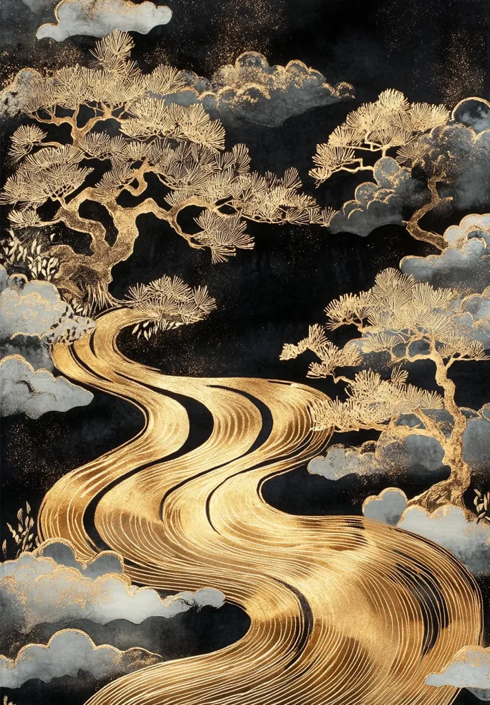 A captivating artwork depicting a golden river gracefully winding through a dark, mystical landscape.  Gold-leaf pine trees stand silhouetted against a black background, punctuated by grey-toned clouds.  The contrast of the rich gold against the deep black creates a striking visual effect, suggestive of a serene and ethereal scene.  The style evokes traditional East Asian art, possibly Japanese or Chinese.