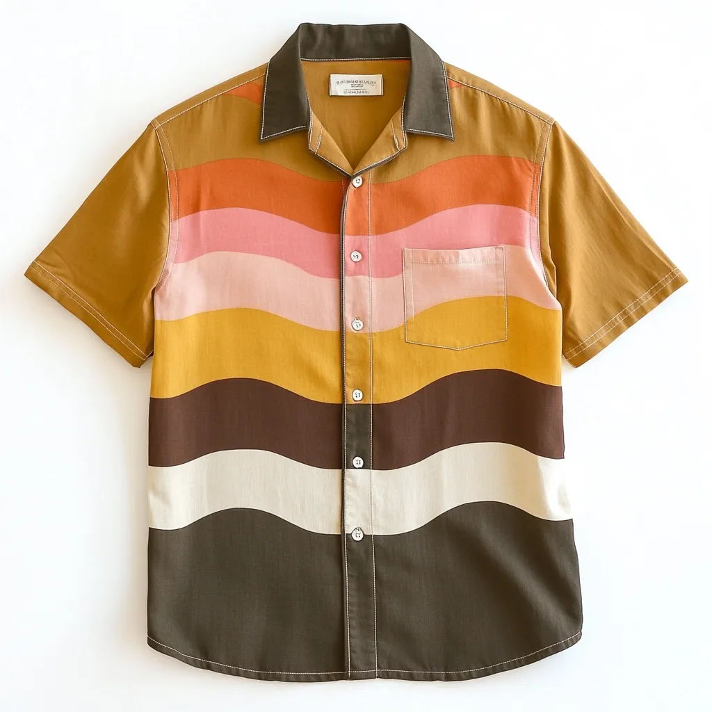 A short-sleeved button-down shirt features a retro-inspired wavy horizontal stripe pattern in earthy tones.  The colors transition from mustard yellow and burnt orange to dusky rose, chocolate brown, and cream, creating a visually appealing, vintage aesthetic. The shirt has a collared neckline and a chest pocket.  The stitching is visible, adding to its handmade charm.