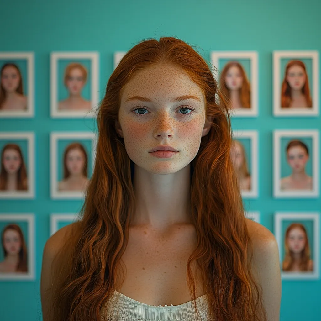 A young woman with long, wavy, red hair and freckles stands in front of a teal wall adorned with numerous framed portraits of similar-looking women.  Her expression is serious and direct, her gaze meeting the camera. She wears a simple, off-white top. The overall image is striking and slightly surreal due to the repetition of the portraits.