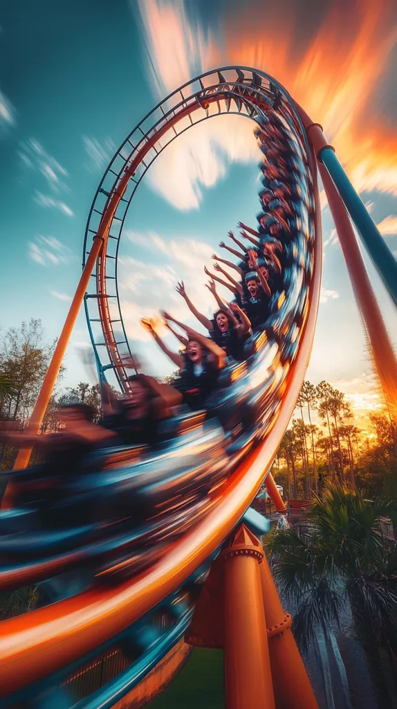 A thrilling roller coaster ride captured with motion blur, showcasing passengers' exhilaration as they ascend a large loop against a vibrant sunset sky. The vibrant colors of the coaster and the sky create a dramatic contrast, emphasizing the speed and excitement of the experience.  Surrounding trees and palm trees add to the scenic backdrop.