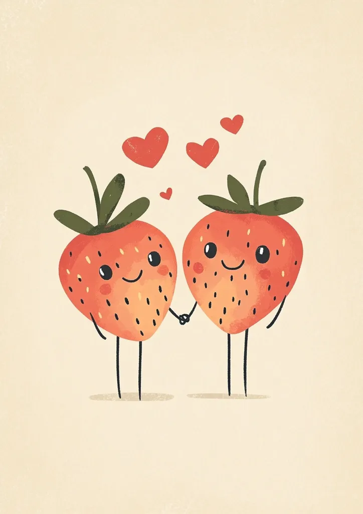 Two anthropomorphic strawberries, with cute faces and tiny legs, hold hands amidst floating hearts.  Their joyful expressions convey a sense of love and affection. The simple, minimalist style and pastel colors create a charming and romantic image, perfect for Valentine's Day or any romantic occasion.