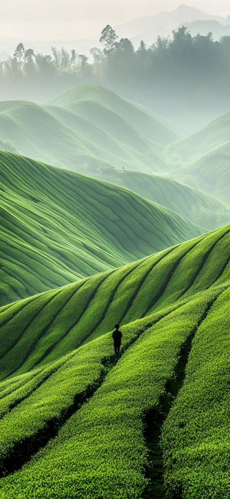 A lone figure walks along a path through rolling hills of vibrant green tea plantations.  The terraced landscape stretches to a distant line of trees shrouded in mist, creating a serene and peaceful atmosphere.  The vivid green contrasts beautifully with the soft, hazy background, evoking a sense of tranquility and the beauty of nature.