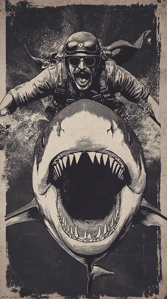 A monochrome illustration depicts a daring aviator, clad in goggles and a leather jacket, gripping the jaws of a massive great white shark. The style is reminiscent of vintage woodcut prints, with heavy black lines and shading contrasting against a textured, aged background. The aviator's expression is one of exhilaration or defiance, adding to the dramatic intensity of the image.  The scene suggests a thrilling, possibly dangerous, encounter at sea.
