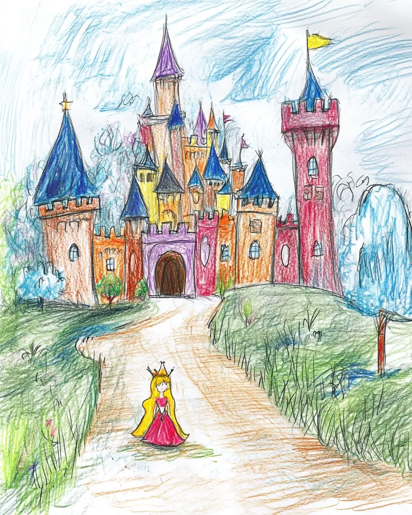 A child's crayon drawing depicts a whimsical castle with multiple towers in various colors.  A princess in a pink dress and golden crown walks towards the castle's entrance along a curving path.  Lush green landscaping surrounds the castle and pathway, adding to the fairytale atmosphere.  The sky is a light blue, suggesting a sunny day. The drawing style is simple but charming, full of childlike imagination.