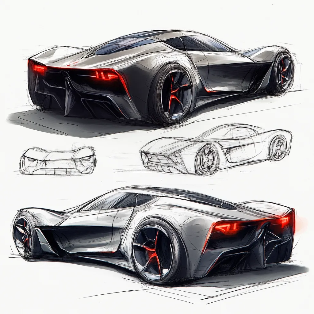 The image showcases a series of concept sketches for a sleek, low-slung sports car.  The main focus is a detailed rendering of the car from various angles, highlighting its aggressive lines and design features.  Accompanying sketches provide initial design iterations and explore different perspectives.  The car is predominantly silver with red accents around the wheels and taillights.  The style is dynamic, emphasizing speed and performance.