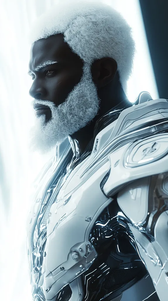 A profile view of a futuristic figure, a dark-skinned man with a voluminous, white, textured hairstyle and beard.  He's clad in sleek, white, high-tech armor, the design intricate and seemingly seamless. The lighting is dramatic, highlighting the textures of both his hair and the armor's surface. The overall aesthetic is one of science fiction, blending human features with advanced technology.