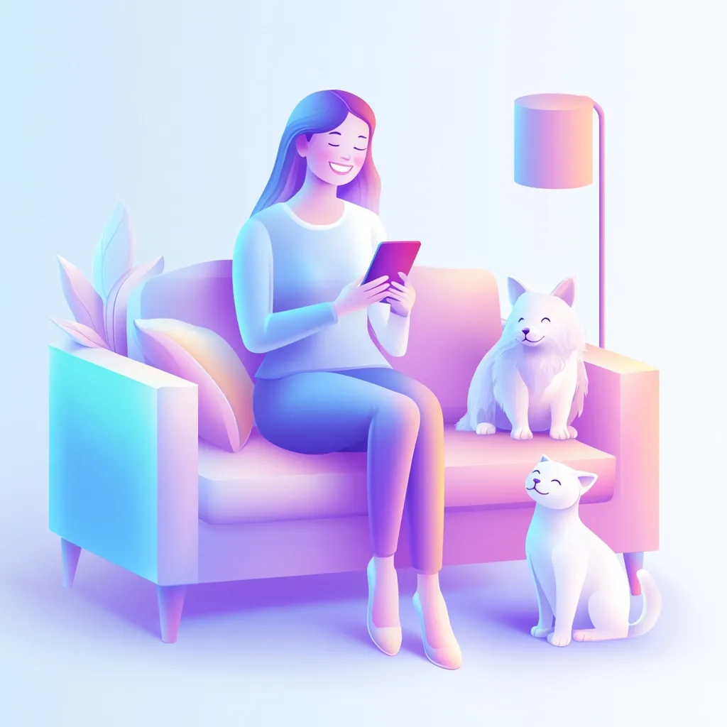 A young woman sits comfortably on a pastel-colored sofa, using a tablet.  Two fluffy white cats are nestled beside her, one a larger dog-like breed, the other smaller and cat-like. The scene is bathed in soft, purple and blue lighting, creating a calming and peaceful atmosphere in her living room, illuminated by a floor lamp. The overall style is digitally rendered and stylized.