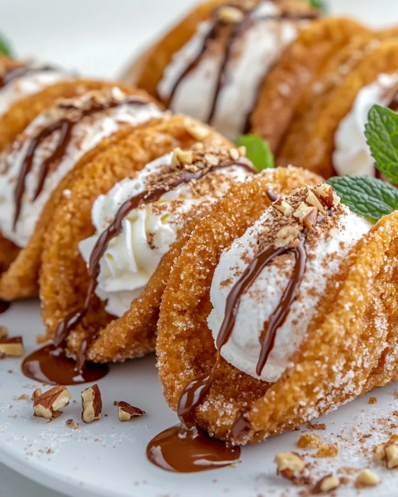 A close-up shot showcases several golden-brown waffle tacos filled with whipped cream, drizzled with chocolate sauce, and sprinkled with chopped nuts and powdered sugar.  The dessert is artfully arranged on a white plate, with a sprig of mint adding a touch of freshness.  The image emphasizes the dessert's texture and rich, decadent appearance.