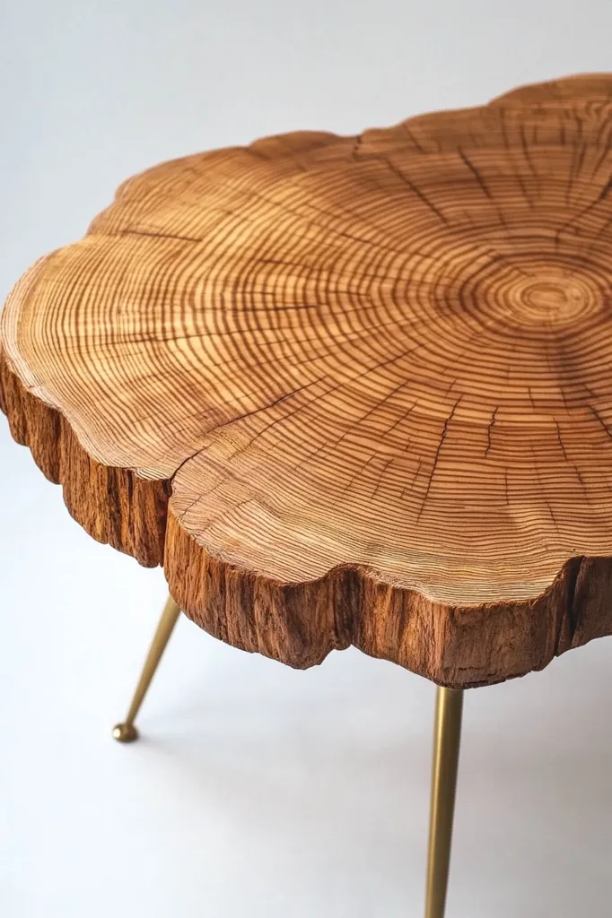 A unique coffee table crafted from a single slice of tree trunk. The natural wood grain and tree rings are prominently displayed on the top, showcasing the organic beauty of the material.  The table's irregular shape is complemented by slender, gold-toned metal legs, offering a striking contrast between rustic and modern design elements.