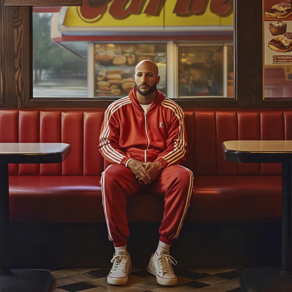 A bald, dark-skinned man sits on a red vinyl booth in a diner. He wears a bright orange Adidas tracksuit with white stripes, and white sneakers.  His hands rest in his lap.  Through a large window behind him, a fast-food restaurant is visible. The overall scene is calm and somewhat melancholic.