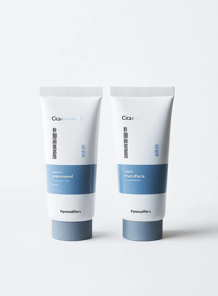 Two tubes of Panmodifiers Cica-centered skincare are displayed.  The left tube features pannssonol, while the right tube contains Hansiface.  Both tubes are predominantly white with blue accents, showcasing minimalist branding and highlighting their soothing and restorative properties.  The packaging emphasizes a clean and modern aesthetic.