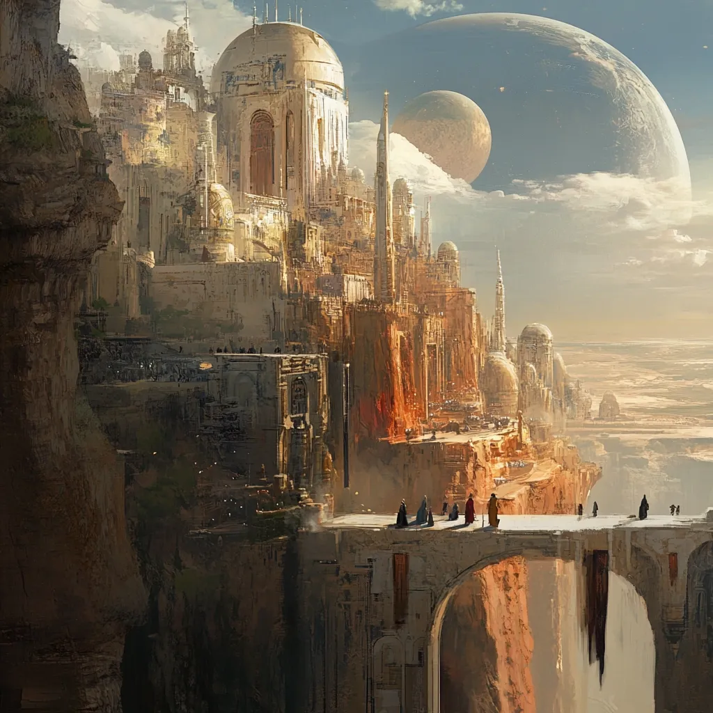 A breathtaking fantasy cityscape clings to a cliffside, overlooking a vast desert under a sky dominated by two large celestial bodies.  The city, built in a warm, sandy hue, features intricate architecture culminating in a grand domed structure.  A bridge stretches across a chasm, with figures in cloaks observing the scene. The overall impression is one of grandeur, mystery, and otherworldly beauty.