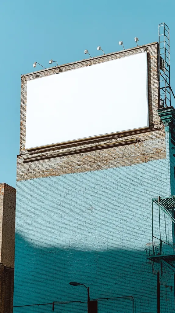 A large blank billboard dominates the side of a teal-painted brick building.  The building, partially brick and partially painted, is set against a clear blue sky.  Several lights are mounted above the billboard. A metal fire escape is visible on the right side of the building. The image is crisp and clean, ideal for showcasing advertising potential.