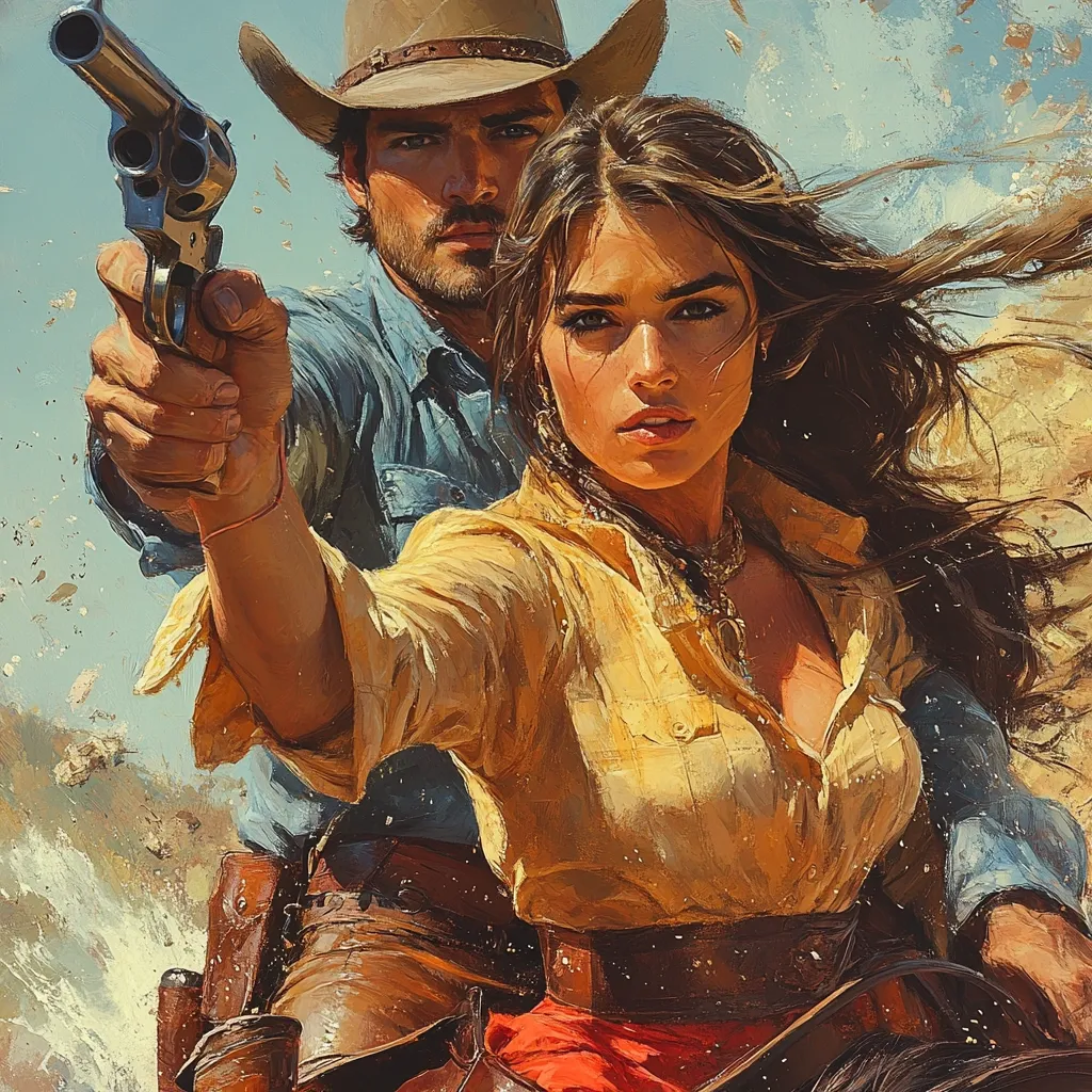 A painting depicts a man and woman on horseback in a Western setting.  The man, wearing a cowboy hat and denim shirt, aims a revolver. The woman, with flowing brown hair, sits beside him, dressed in a mustard-colored shirt and brown belt.  The style is painterly and dramatic, with a focus on texture and movement, conveying a sense of adventure and intensity.  Dust and movement blur the background.