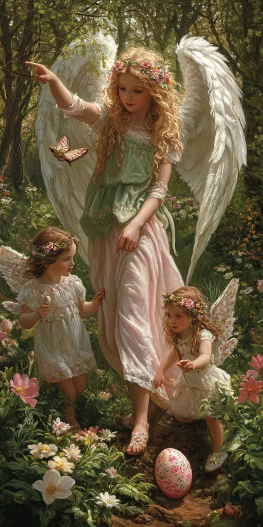 A painting depicts a winged angel, adorned with a flower crown, guiding two smaller winged cherubs through a sun-dappled forest.  The angel wears a flowing pale pink gown, while the cherubs are dressed in white.  Butterflies flutter nearby, and wildflowers bloom at their feet, near a decorated Easter egg.  The scene is serene and ethereal, evoking a sense of springtime innocence and magic.