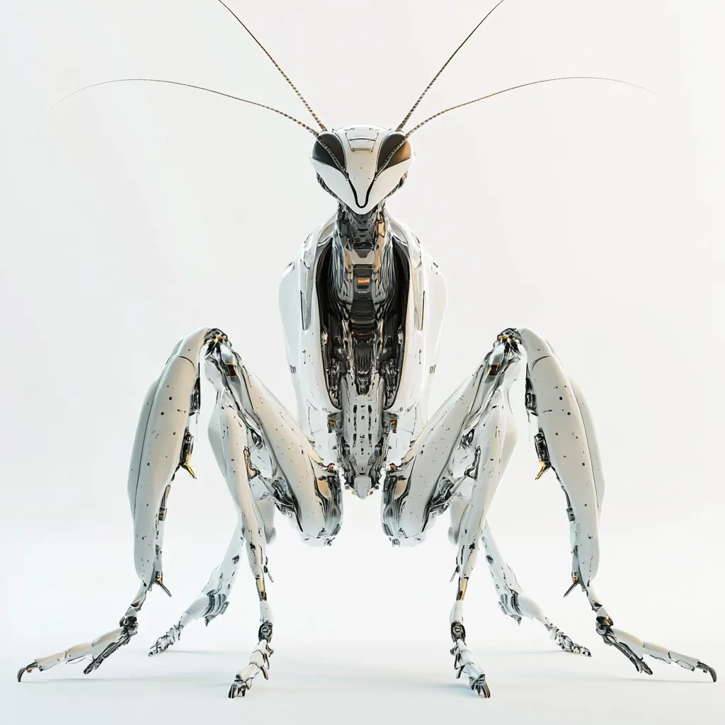 A meticulously detailed, white robotic praying mantis stands against a stark white backdrop. Its segmented body and limbs are intricately designed, showcasing a complex mechanical structure.  The mantis's head features black, insect-like eyes, adding to its biomechanical aesthetic. The image highlights the robot's powerful stance and intricate design.
