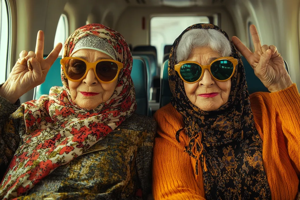 Two stylish elderly women, wearing vibrant headscarves and retro sunglasses, sit side-by-side on an airplane.  They flash peace signs, exuding joy and a carefree spirit.  One wears a floral headscarf, the other a dark patterned one. Their bright outfits and playful gestures suggest a fun-loving attitude and a zest for life.