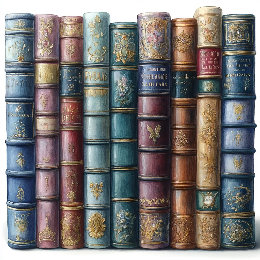 A collection of antique books stands in a row, their spines richly decorated with gilded designs and pastel colors.  The books appear to be meticulously detailed, showcasing ornate patterns and possibly foreign language titles. They are presented as a visually appealing arrangement suggesting a cherished collection of literary works. The image has a painterly quality, possibly a watercolor reproduction.