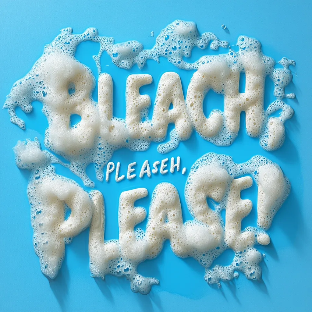 The image shows the words "BLEACH, PLEASEH, PLEASE!" formed from white foam against a bright blue background.  The foam has a bubbly texture, creating a visually appealing and slightly whimsical effect. The phrase suggests a plea for bleach, possibly in a humorous or ironic context. The overall style is clean and modern.