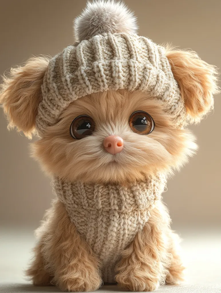 An adorable fluffy puppy, light tan in color, is dressed in a cozy cream-colored knitted outfit.  The ensemble includes a beanie with a pom-pom on top and a matching sweater. The puppy's large, expressive eyes and tiny pink nose add to its endearing charm. The soft lighting and neutral background highlight the texture of the knitwear and the puppy's fluffy fur.