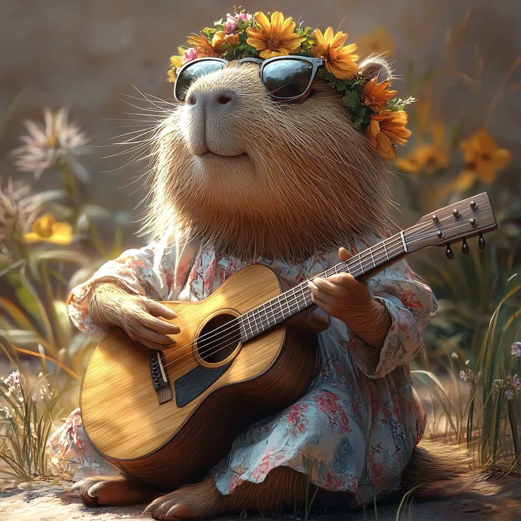 A capybara, wearing sunglasses and a flower crown, sits serenely in a garden.  It's dressed in a floral dress and gently strums an acoustic guitar.  Sunlight bathes the scene, creating a warm and peaceful atmosphere. The capybara appears content and relaxed, enjoying its musical moment in nature.