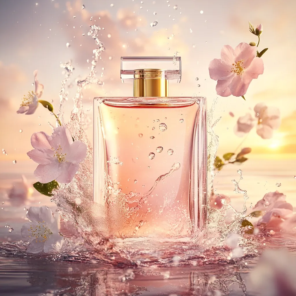 A rectangular bottle of light pink perfume sits in a splash of water, surrounded by delicate pink blossoms.  The setting sun casts a warm glow, enhancing the feminine and luxurious aesthetic. Water droplets cling to the glass, reflecting the soft light.  The overall image evokes feelings of freshness, beauty, and romance.