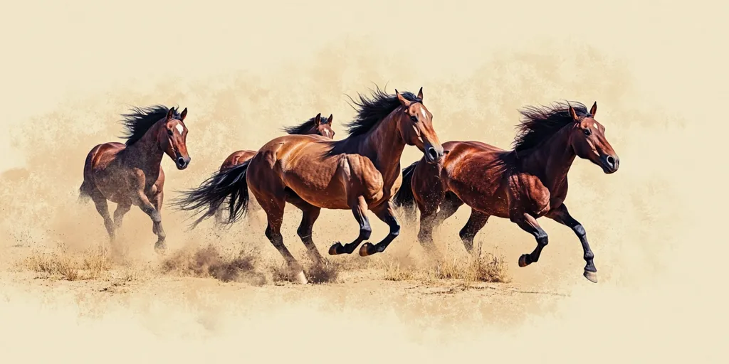 Four chestnut horses gallop across a sandy landscape, manes and tails flying.  Dust kicks up around their hooves as they run powerfully, their bodies taut with energy.  The background is a soft beige, enhancing the vibrant brown of the horses' coats. The image evokes a sense of freedom and untamed beauty.