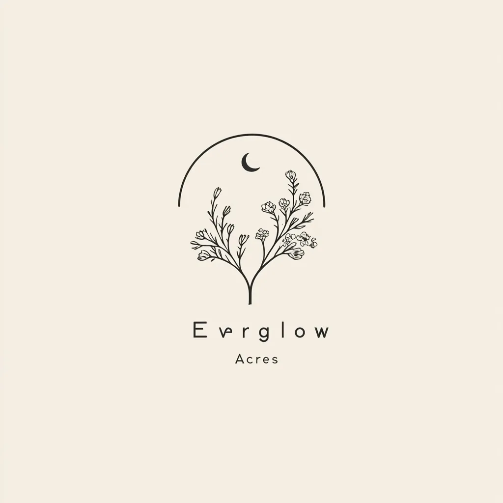 The logo features a minimalist line drawing of a stylized flowering plant, framed by a crescent moon within a semi-circular arch.  Beneath the image, "Everglow Acres" is elegantly written in a sans-serif font. The overall aesthetic is clean, modern, and evokes a sense of natural beauty and tranquility.
