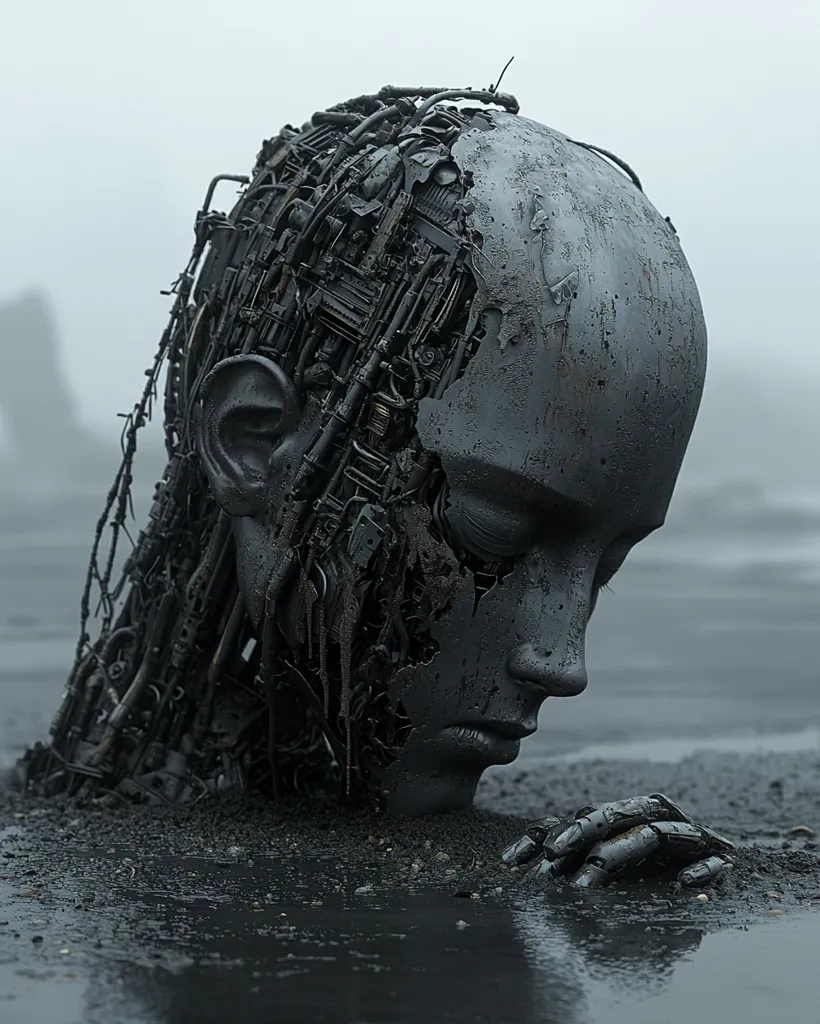 A digital rendering depicts a melancholic, partially submerged cyborg head.  Its surface is weathered and cracked, revealing intricate internal mechanisms.  The head is composed of dark metal, appearing worn and decaying.  The cyborg's face is downcast, conveying a sense of sorrow or defeat, partially buried in dark, muddy water.  The overall atmosphere is bleak and evocative of post-apocalyptic themes.