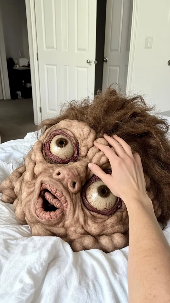 A hyperrealistic grotesque mask, resembling a creature with exaggerated features, lies on a white bed.  The mask has bulging eyes, textured skin, and wild brown hair.  A hand gently touches its forehead.  The overall impression is unsettling yet strangely captivating. The background shows a bedroom with white doors.