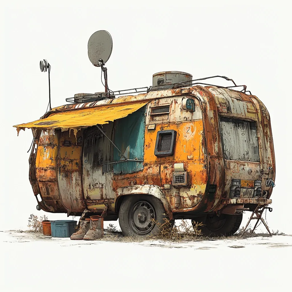 A heavily rusted, vintage camper van sits on barren ground.  Its faded orange paint reveals layers of decay.  A satellite dish and awning are mounted on the roof, suggesting a makeshift dwelling.  Two buckets and boots rest near the wheels, adding to the sense of abandonment and survival in a desolate landscape.  The overall impression is one of post-apocalyptic resilience.