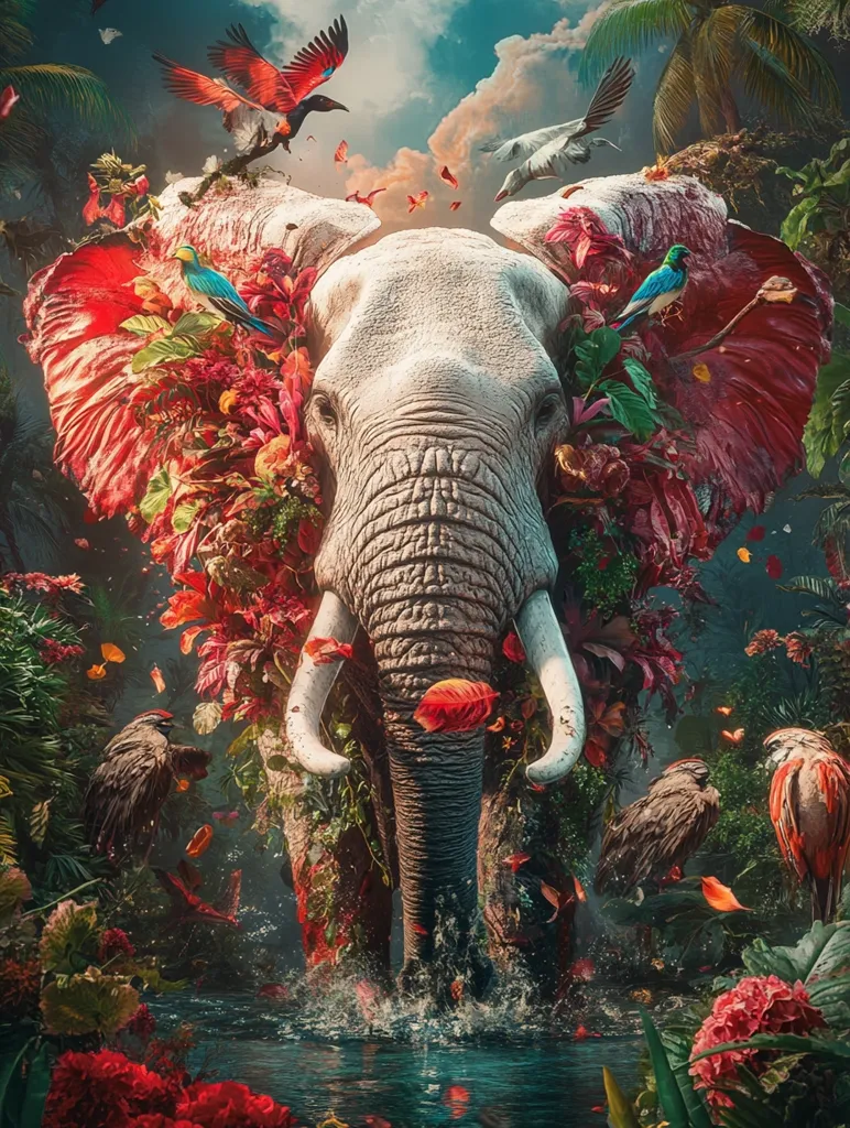 A majestic white elephant, adorned with vibrant tropical flowers and birds, stands in a lush jungle setting.  Red and orange blossoms cascade around its ears and body, creating a breathtaking spectacle.  Various birds, including vibrant blue and scarlet species, perch amongst the flora. The elephant's powerful form contrasts with the delicate beauty of its surroundings, as it emerges from a tranquil pool of water.  The scene is a surreal blend of wildlife and fantastical imagery.