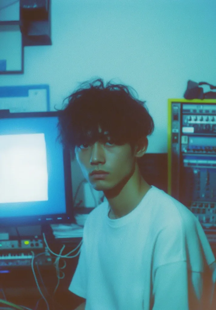 A young man with dark, shaggy hair sits in front of a computer monitor in a dimly lit room.  He's wearing a light teal t-shirt.  The background features audio equipment and other electronic devices, suggesting a music studio or recording space. The overall image has a cool, bluish tone, reminiscent of a film photograph.