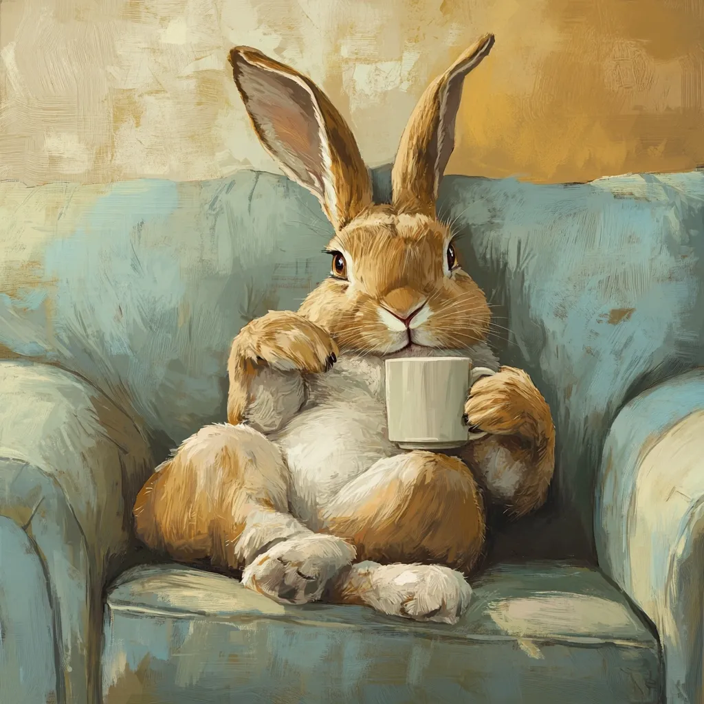 A painting depicts a plump, light brown rabbit lounging in a teal armchair.  The rabbit is comfortably seated, holding a white mug in its paws.  Its expression is serene and content. The artistic style is painterly, with visible brushstrokes giving texture to the fur and the fabric of the chair. The background is a muted, warm palette of yellows and creams.